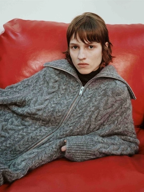 Organic Cotton Blend Wide Collar Cable Cardigan