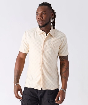 Adjustable Hemline Checkerboard Towel Color Blocked Short Sleeve Button Down Shirt - Cream