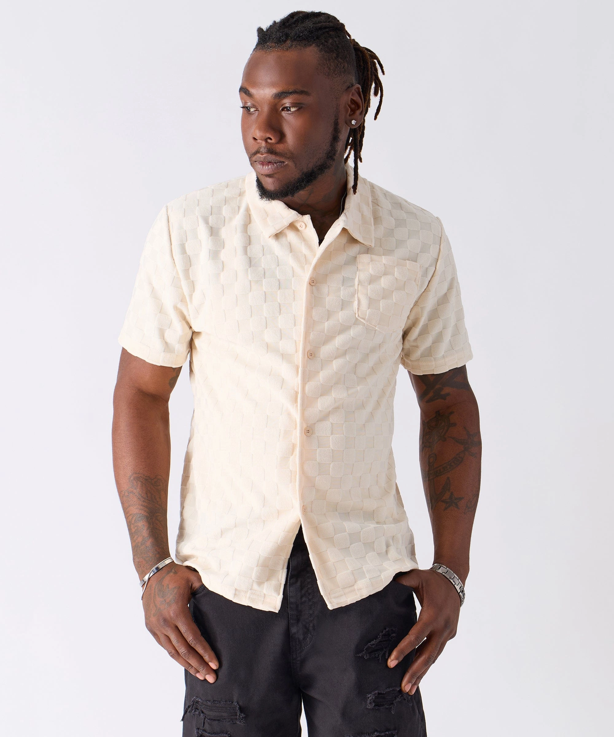 Checkerboard Towel Color Blocked Short Sleeve Button Down Shirt - Cream Classic Crewneck Design