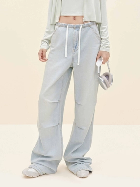 Cotton Pleated Drawstring Jeans Colorfast Dyeing Method