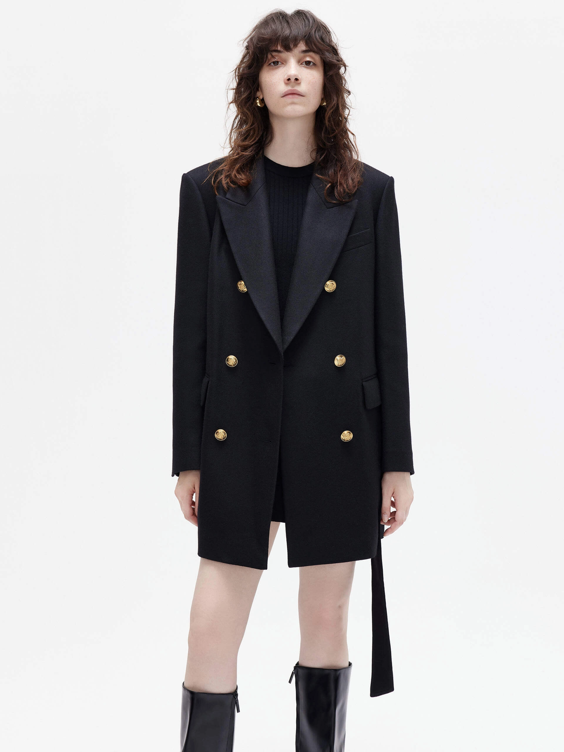 Double Breasted Belted Blazer Reinforced Elbow Patches Durable Weave