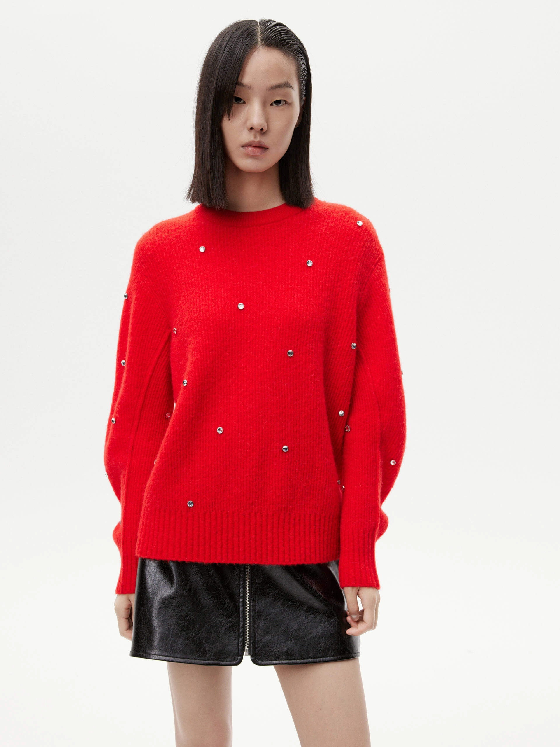 High Neckline Structure Hidden Pocket Design Rhinestone Detail Loose Sweater