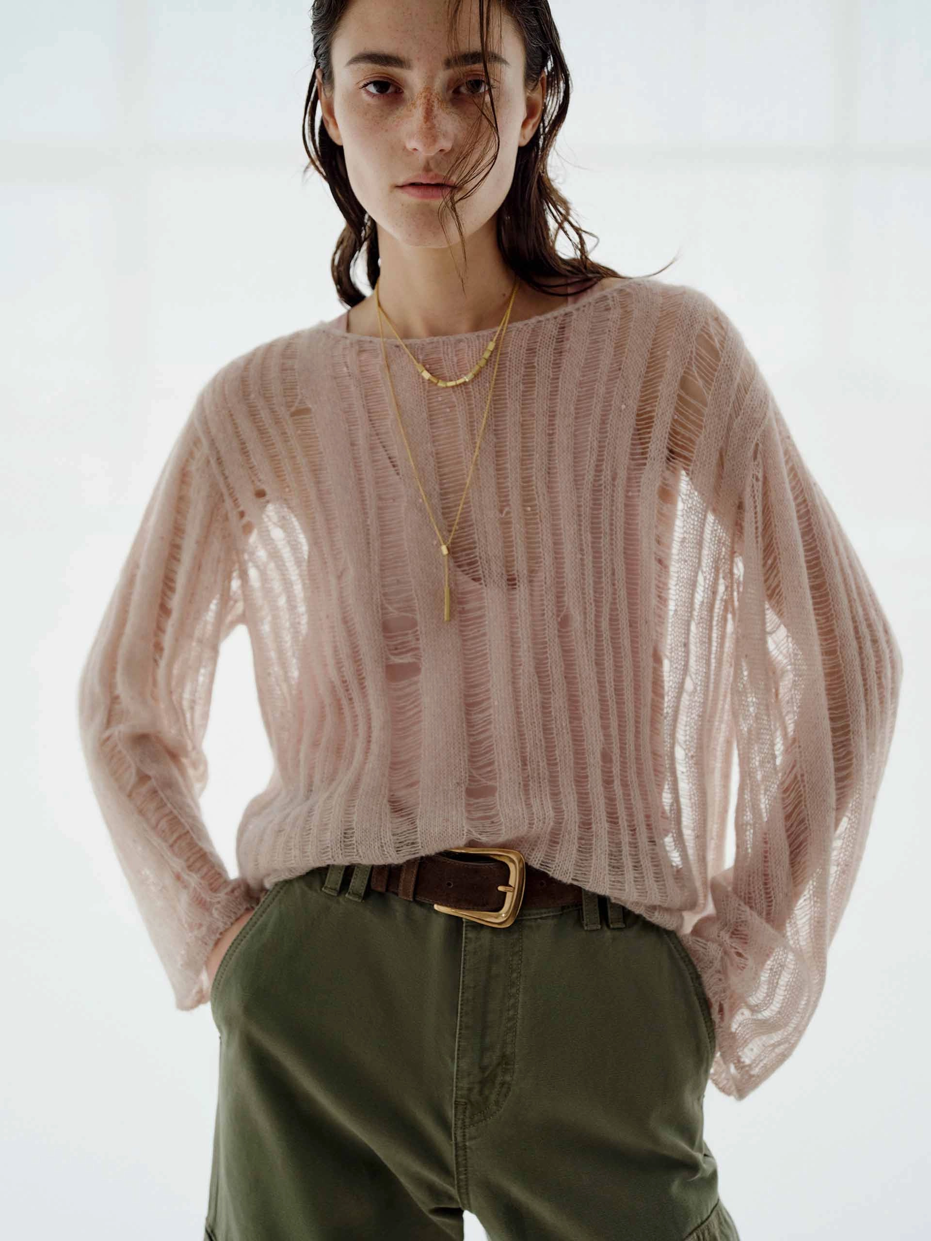 Stretchable Material Water Repellent Coating Sequin Open Knitted Top