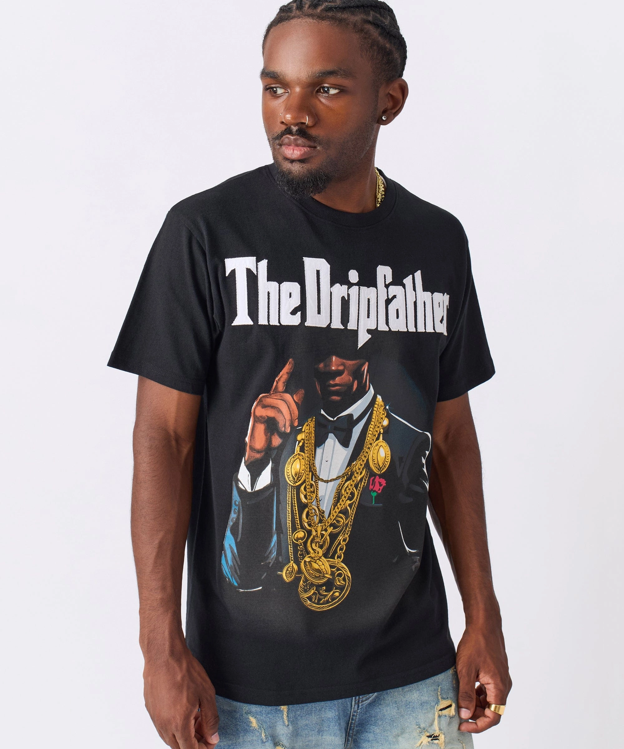 Dripfather Applique Short Sleeve Tee - Black Soft Brushed Lining High Neckline Structure