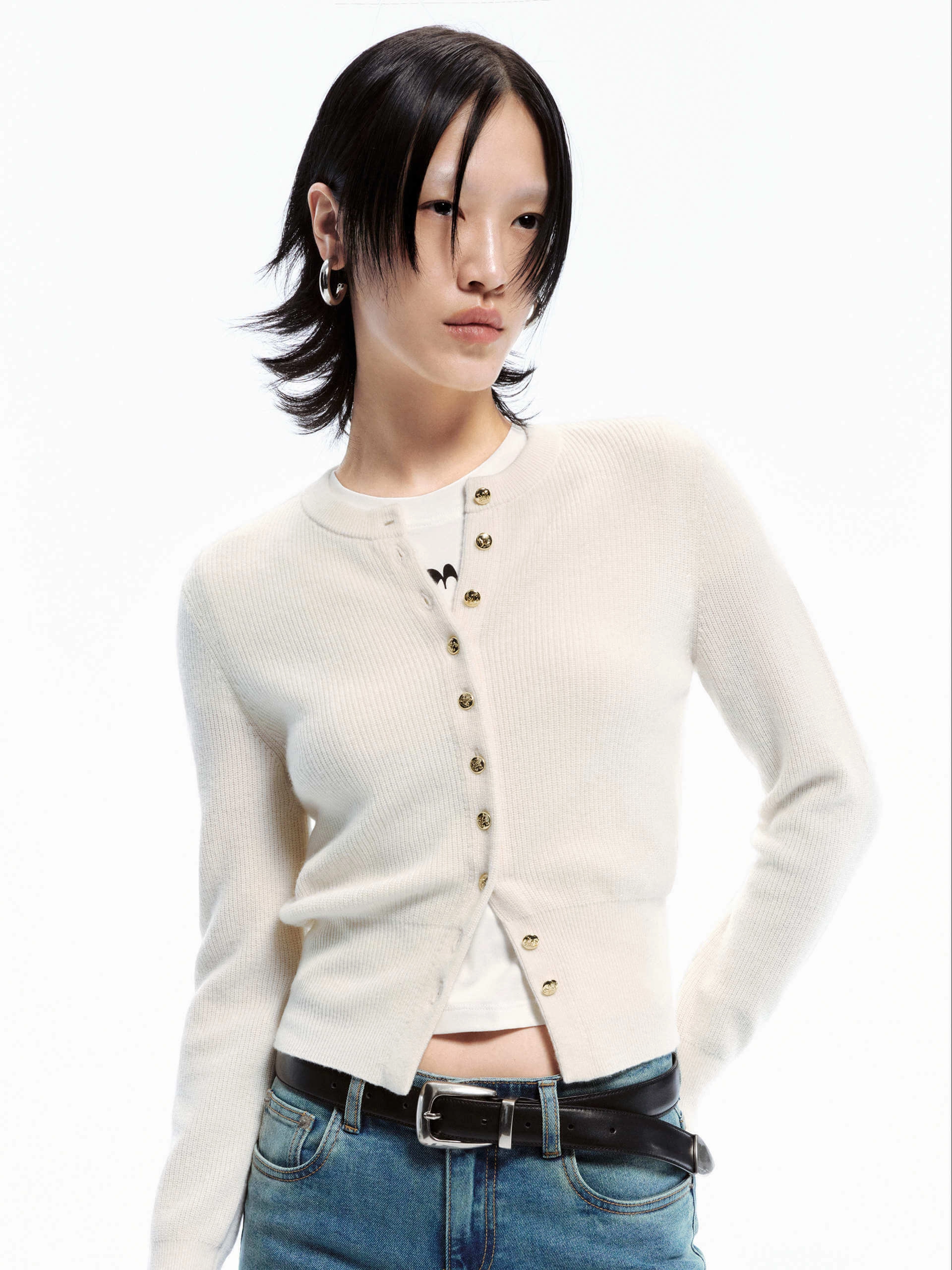 Stretch Fit Top Crew Neck Wool Cardigan