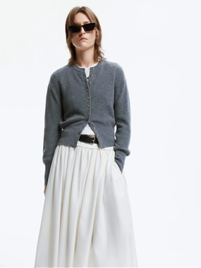 Crew Neck Wool Cardigan Roll Up Sleeve Design