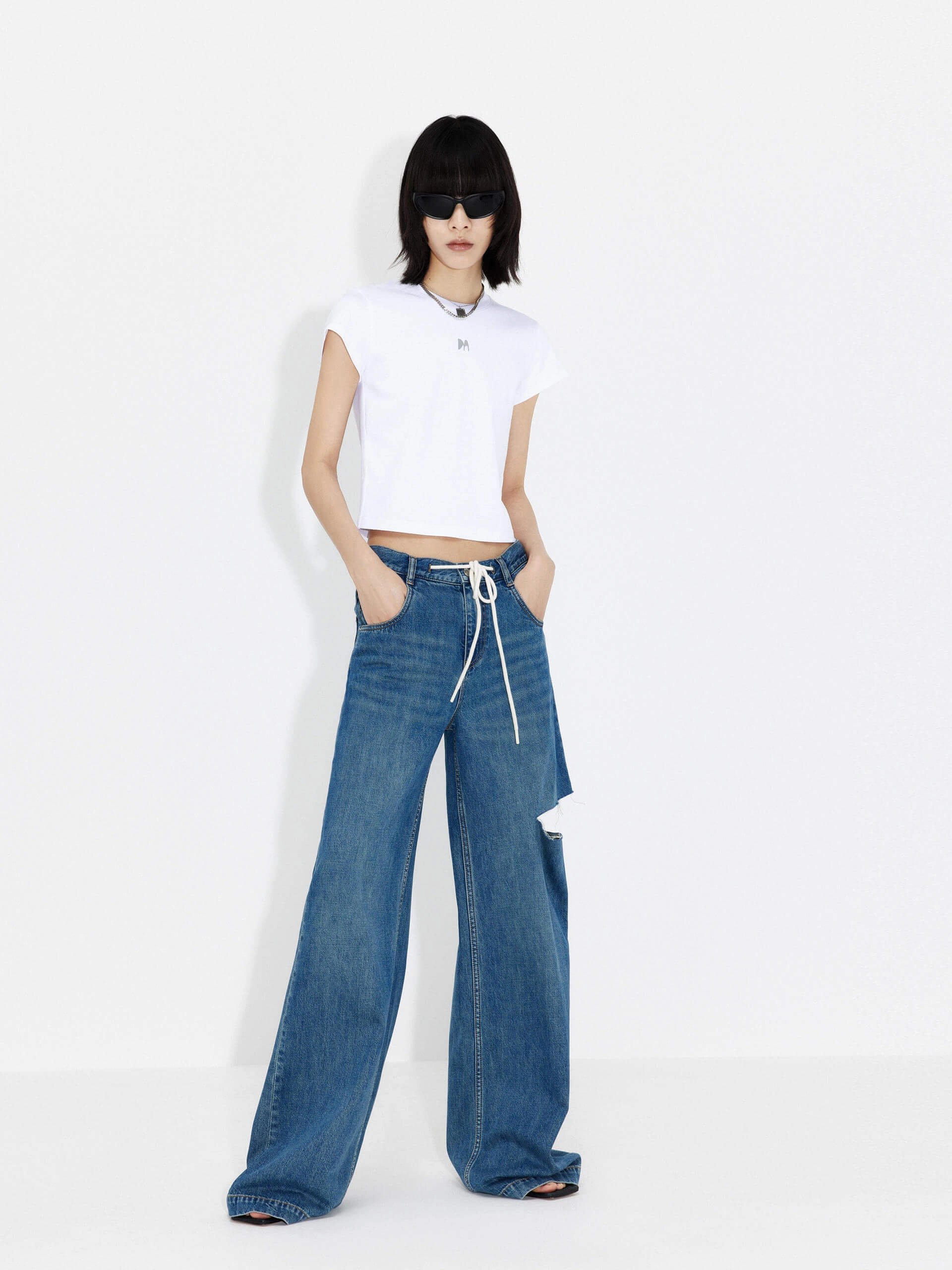 Drawstring Cutout Details Jeans Functional Casual