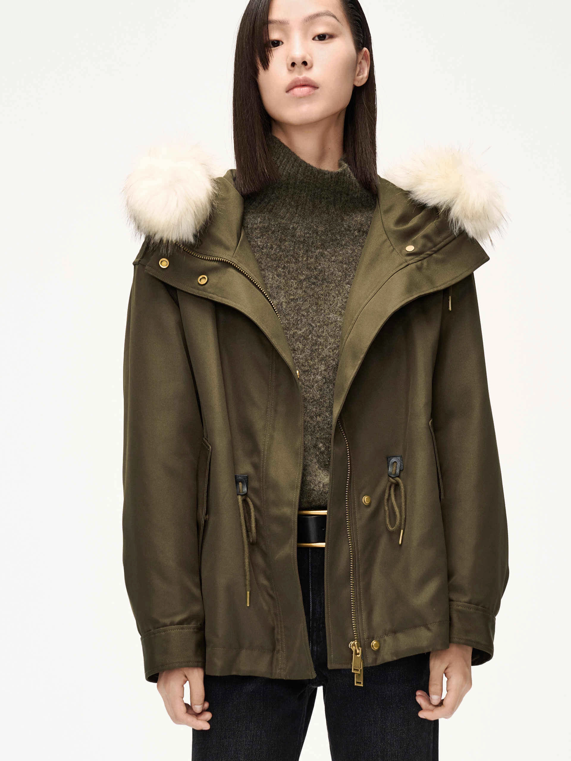 Drawstring Waist Hood Coat Multi Purpose Loops