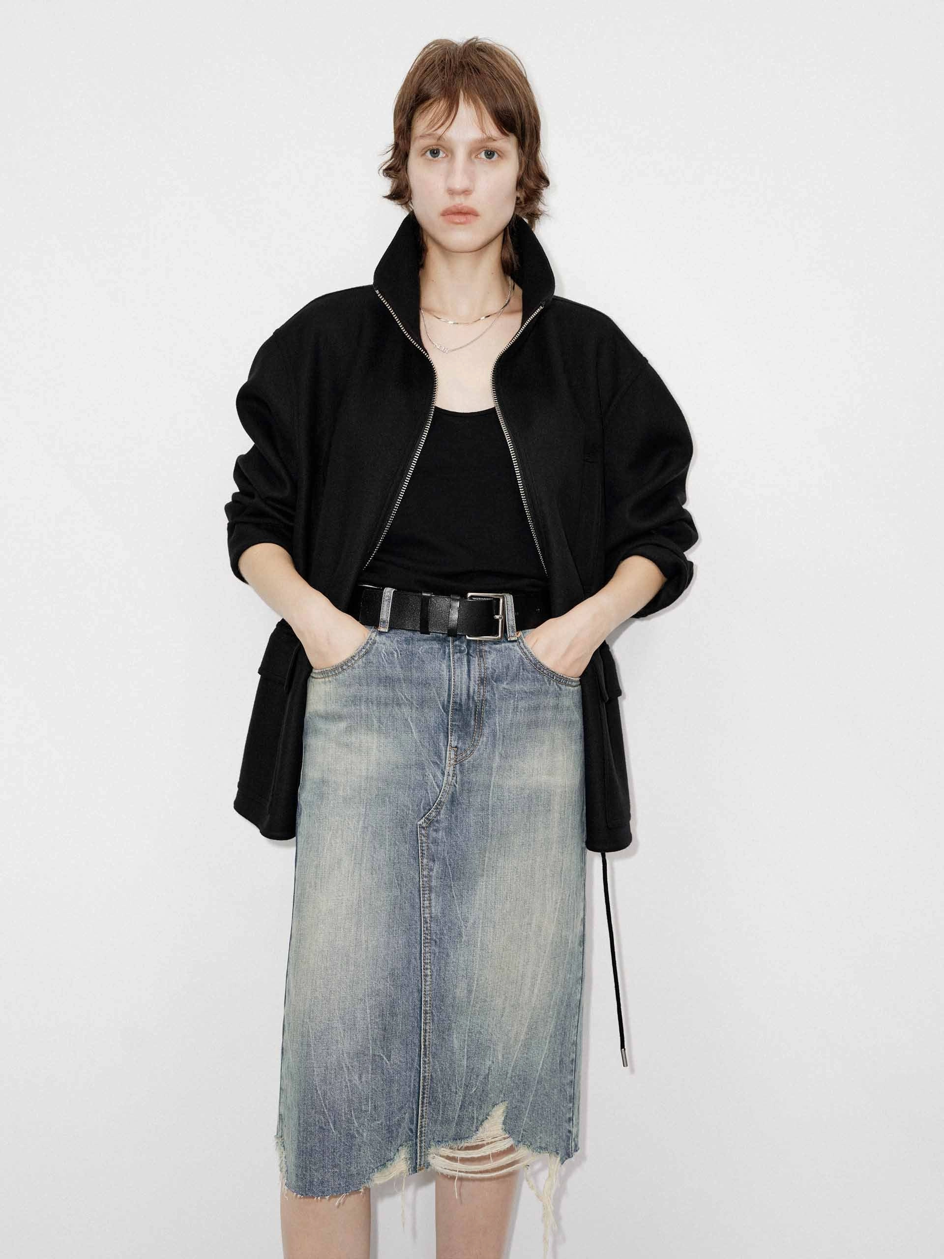 Drawstring Waist Wool Coat Stain Resistant