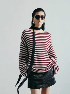 Minimalist Stitching Reinforced Hems Drop Shoulder Striped Sweater