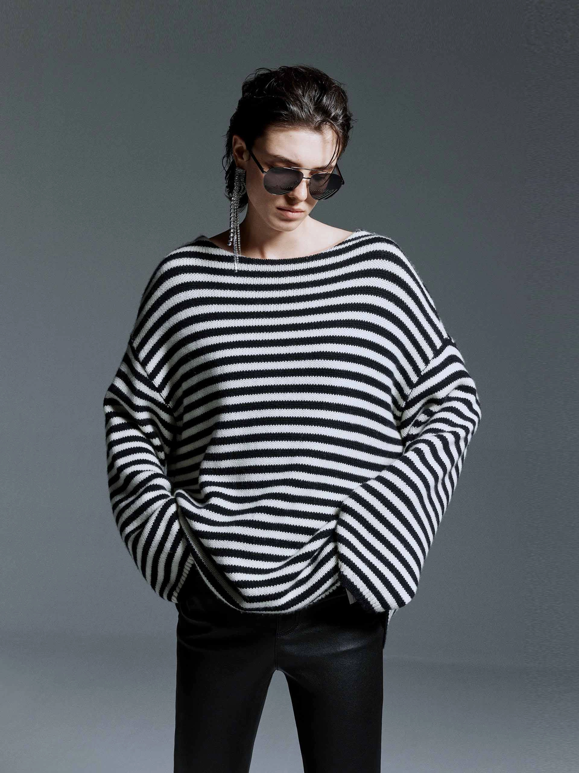 Adaptive Waistband AntiStaticInnerLining Drop Shoulder Striped Sweater