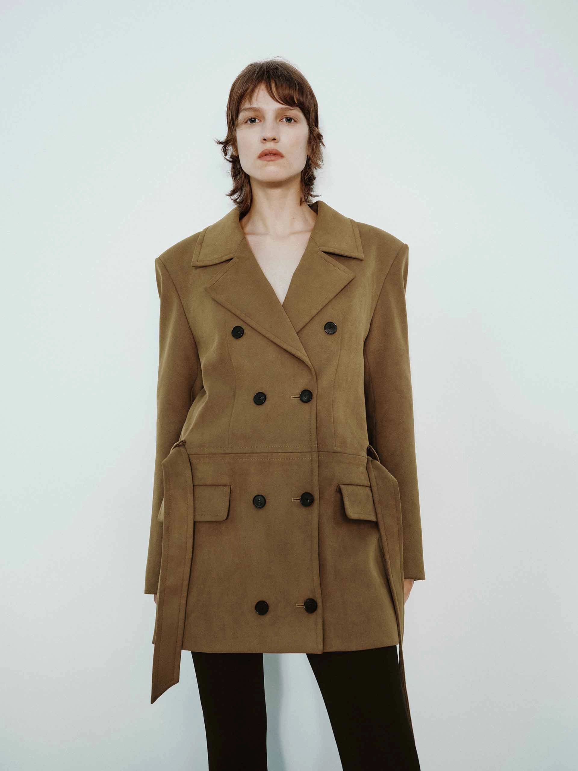Suede Texture Belted Coat High Performance Blend
