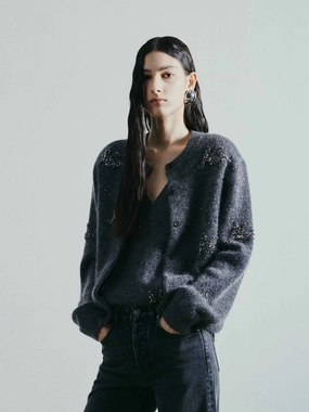 Crystal Decoration Knit Cardigan Grid Texture Fabric Ultra Soft Handfeel
