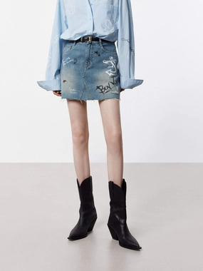 Weekend Comfort Casual Layer Fit Graffiti Pattern Denim Skirt