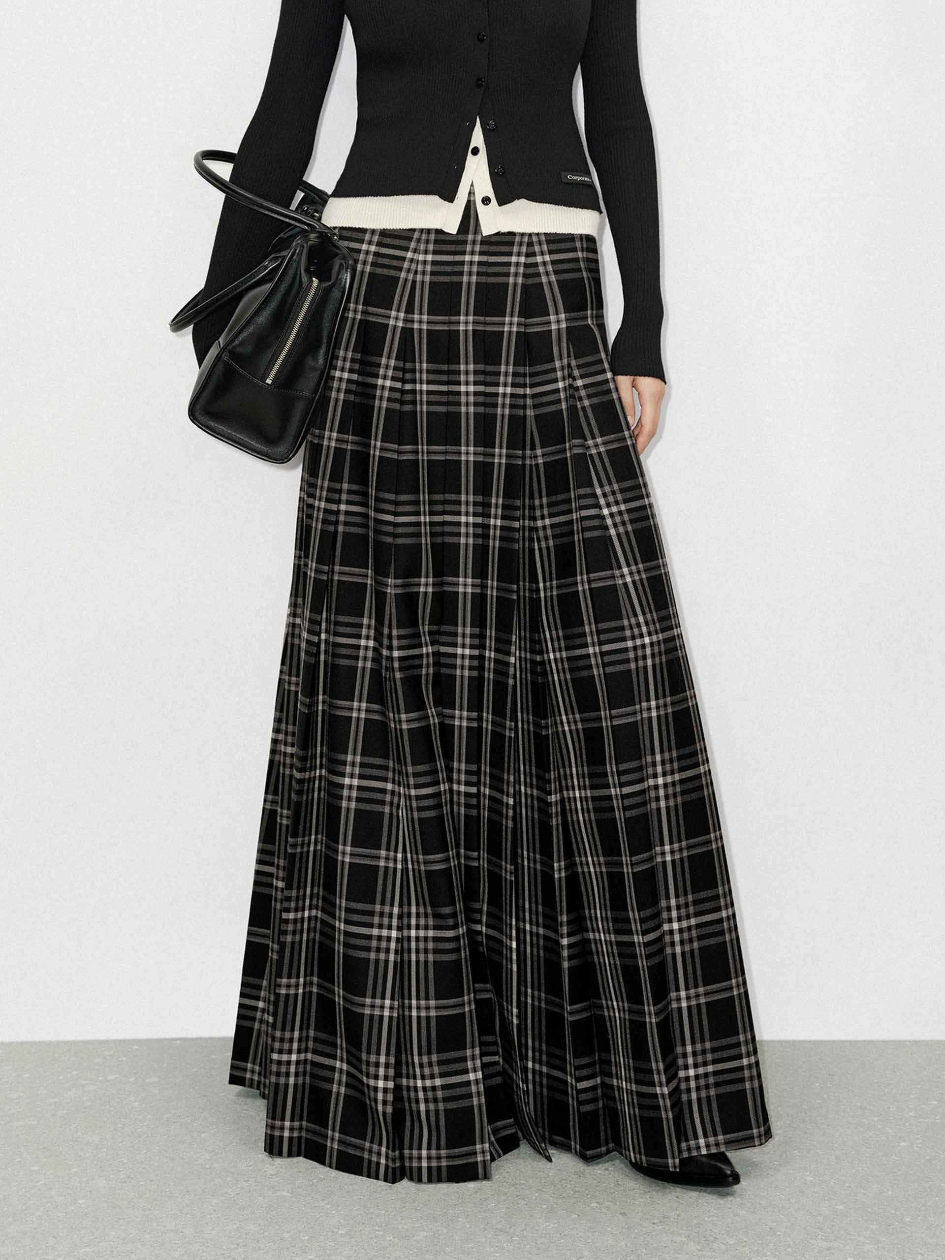 Stretch Motion Flowy Plaid Maxi Skirt