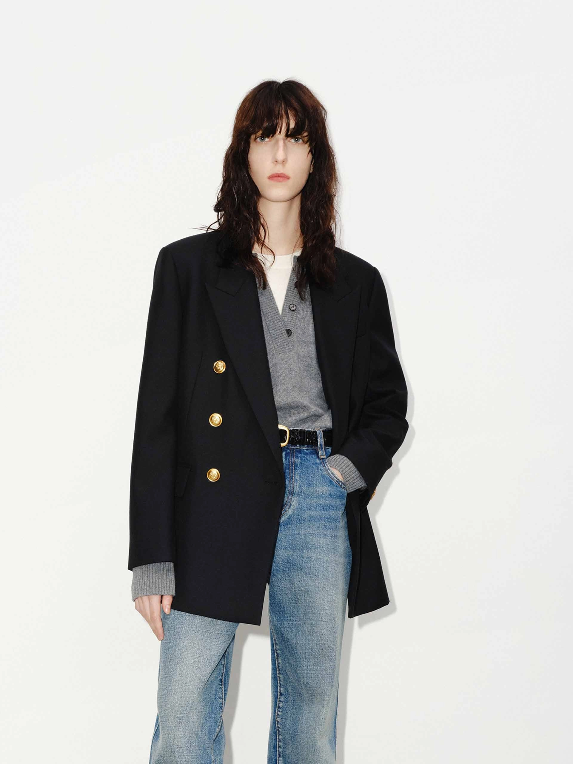Metal Button Structured Blazer Breathable Material
