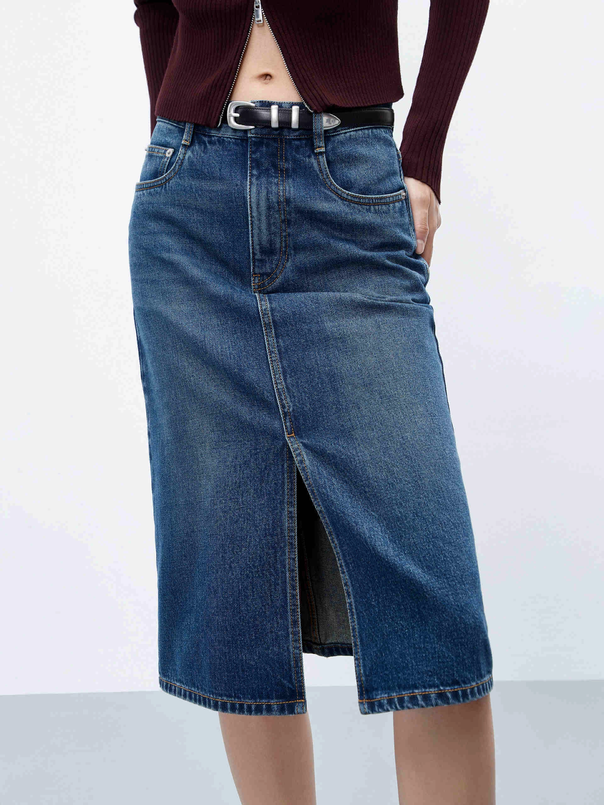Snag Resistant Fabric Stretchable Waist Denim Front Slit Skirt