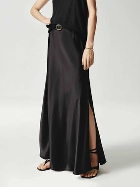 Minimal Waist Side Slit Satin Maxi Skirt