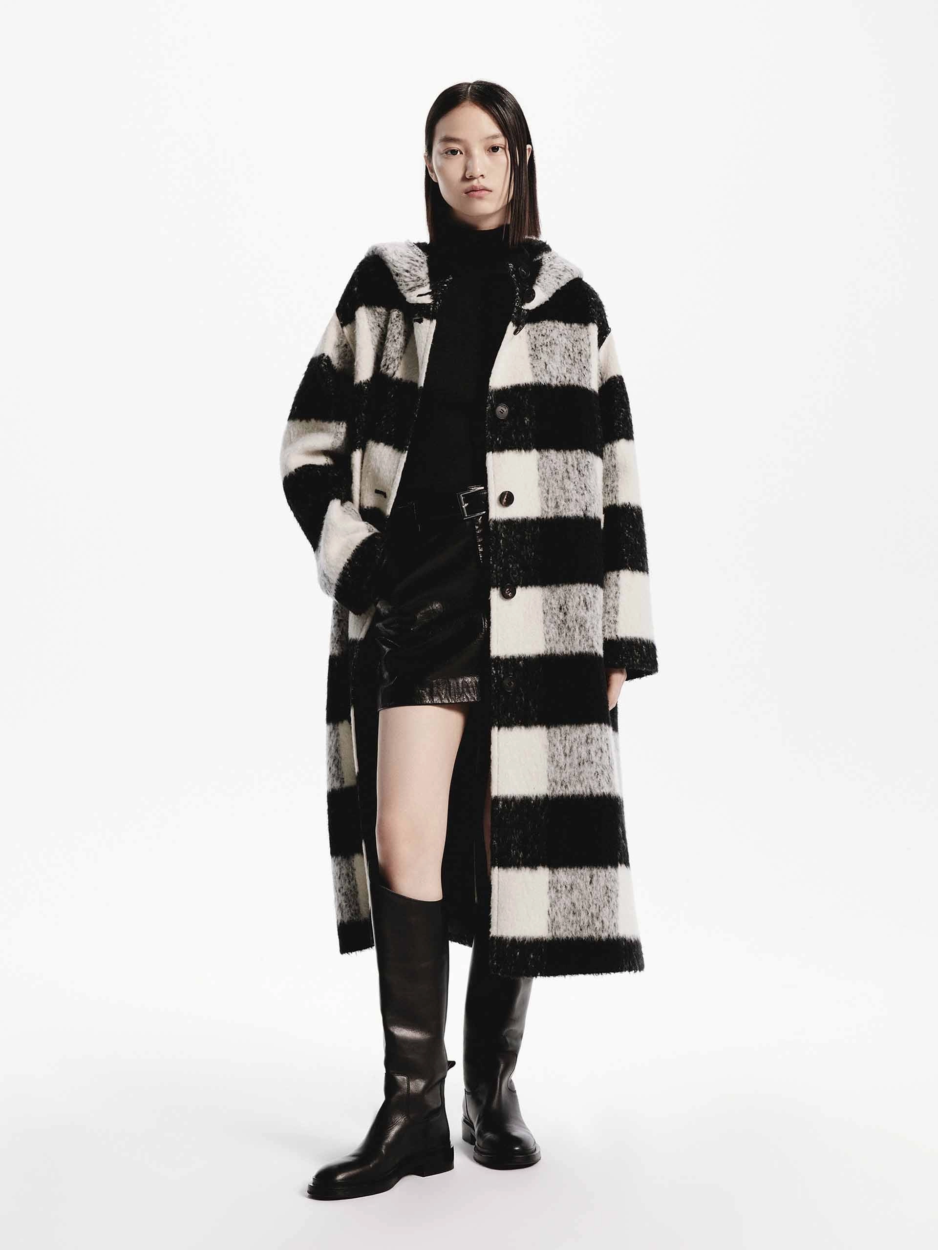 Wool Blend Plaid Long Coat Convertible Features