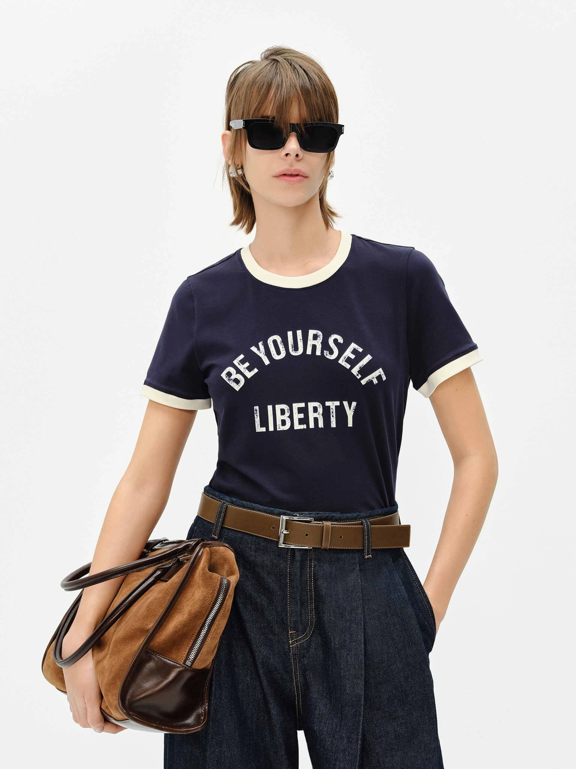 Contrast Trim Letter T-shirt PocketDetail Recycled Material