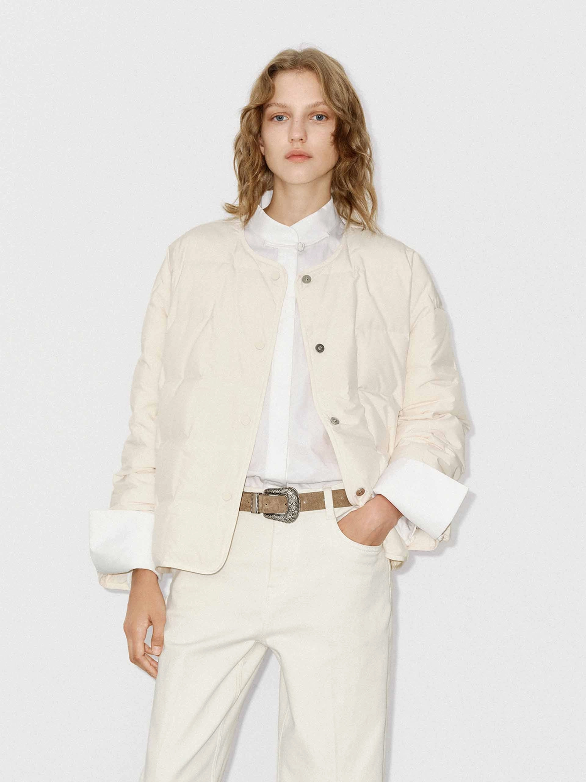 Collarless Quilted Puffer Jacket Street Look Heavy Duty Zippers
