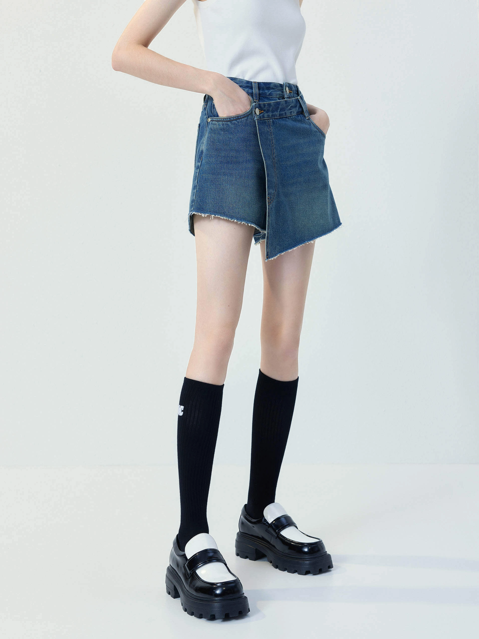 Wrap Cotton Denim Shorts Simple Fit