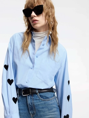 Tencel Lyocell Fiber Layered Hem Detailing Heart Pattern Cotton Shirt