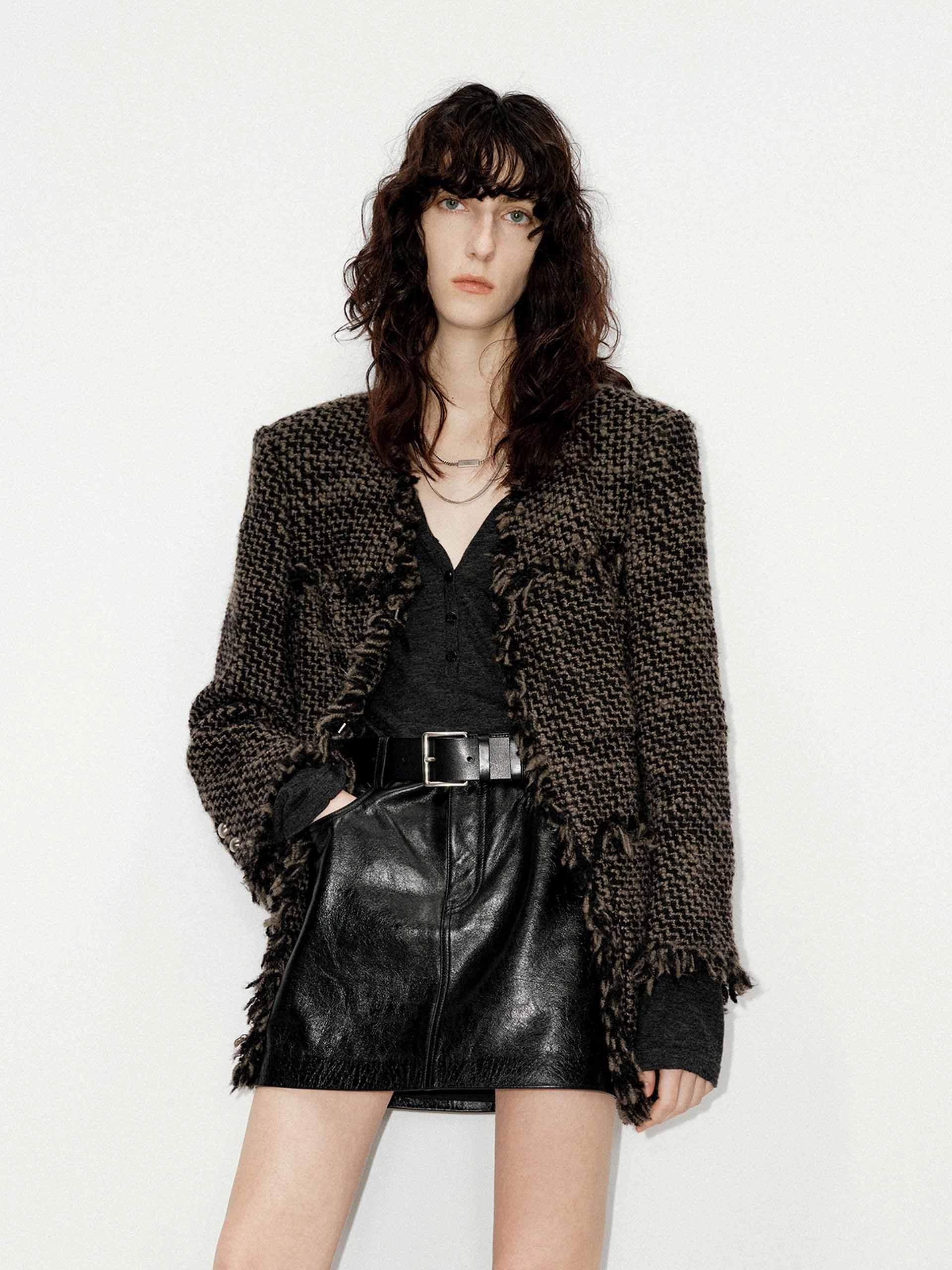 Raw Trim Collarless Coat Interlock Weave
