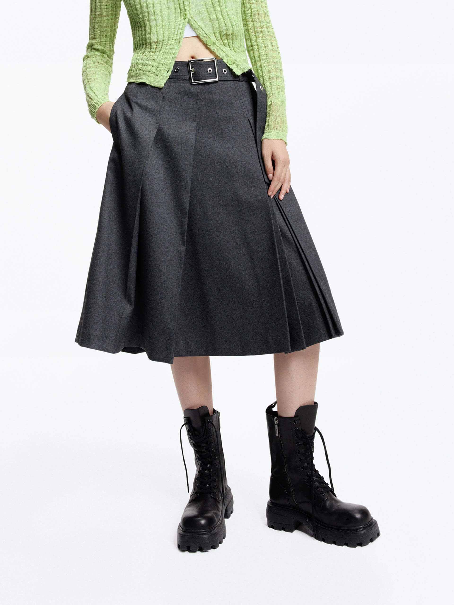 Lightweight Fit Irregular Pleated Midi Skirt