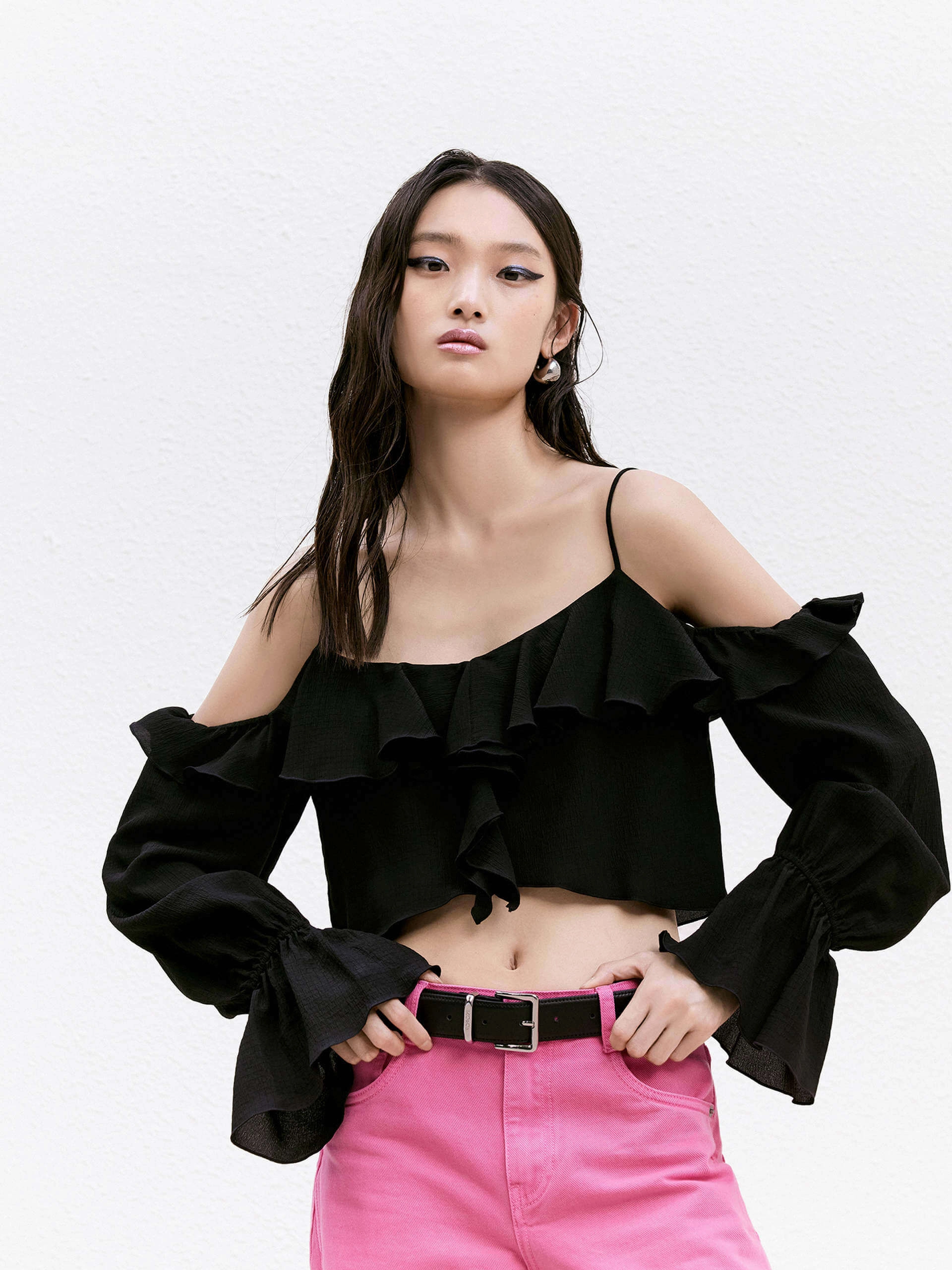 Adjustable drawstring Street Style Cut Shoulder Silk Top