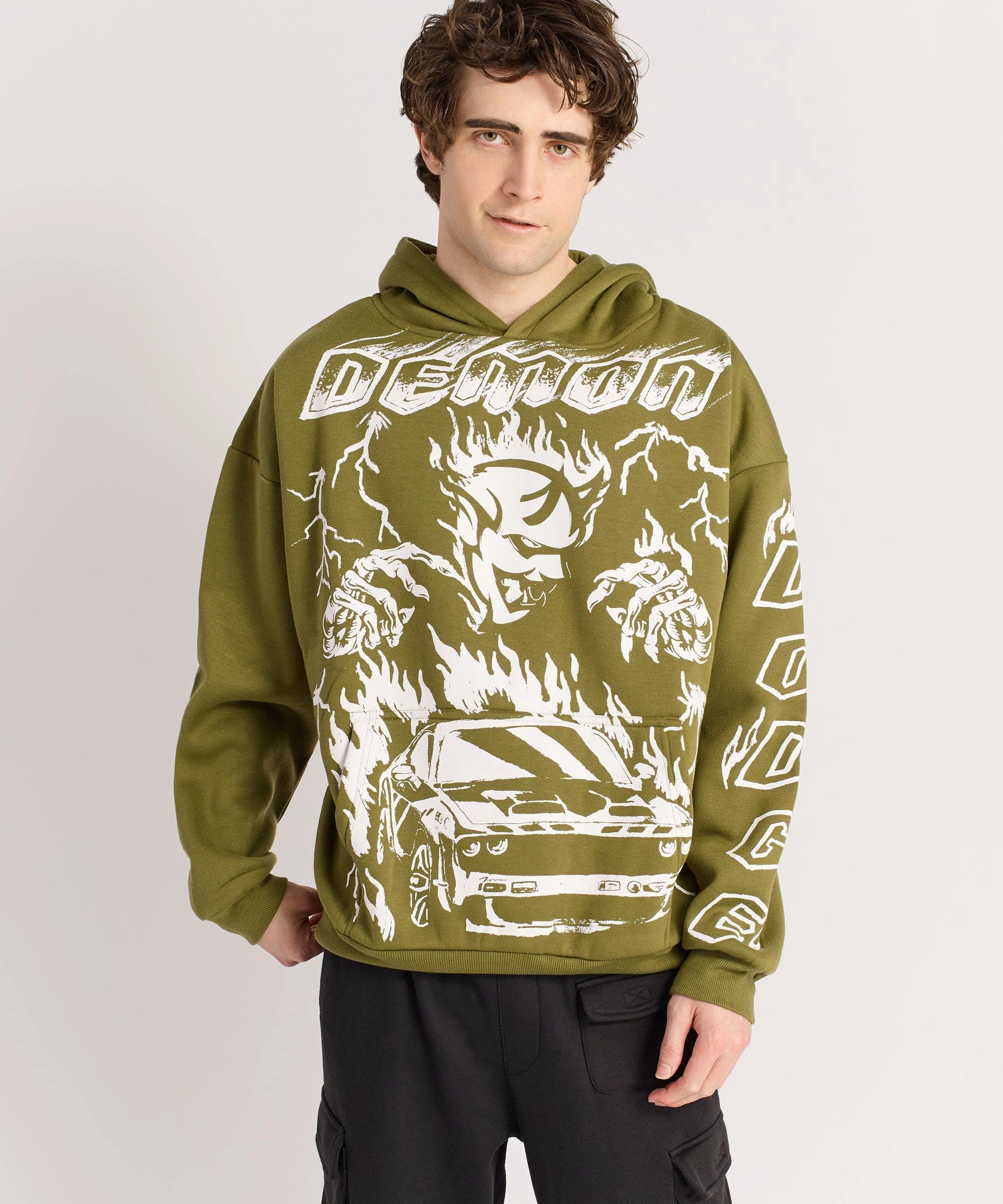 DoubleNeedle Stitching ButtonlessClosure Dodge Demon Oversized Fit Hoodie - Olive Green