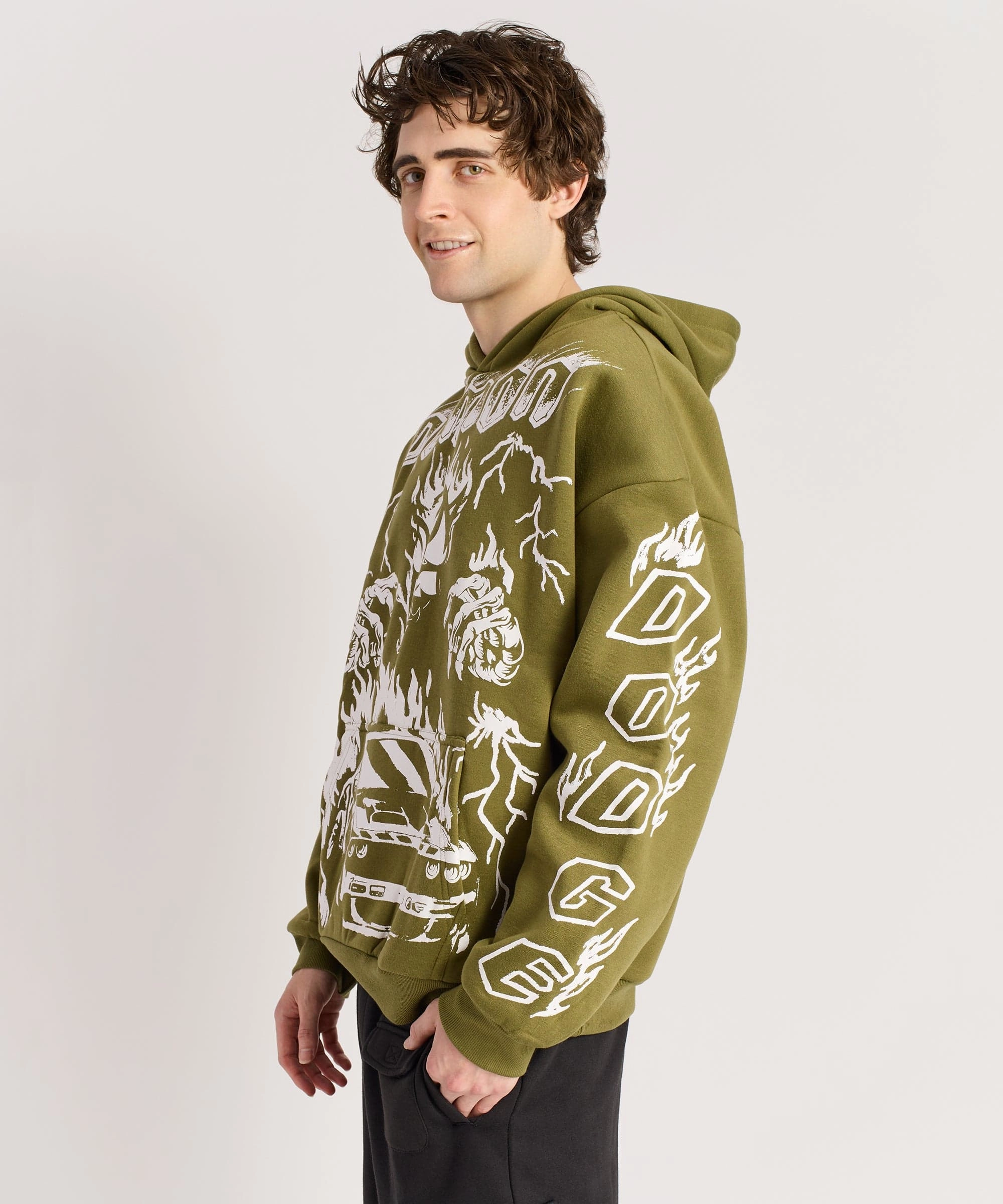 Dodge Demon Oversized Fit Hoodie - Olive Green MinimalistSilhouette Ribbed Collar Design