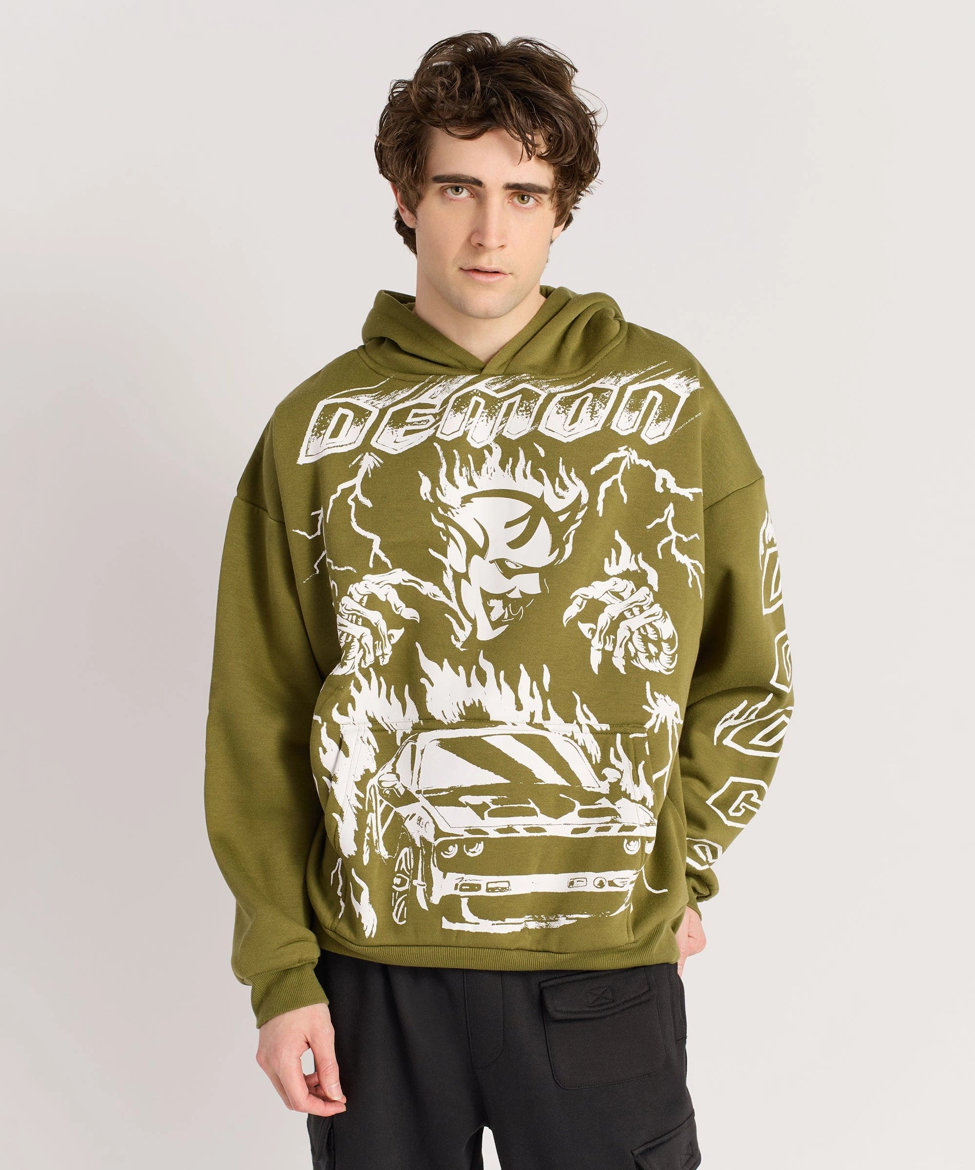 Reversible Layering Tech Ribbed Trim Details Dodge Demon Oversized Fit Hoodie - Olive Green