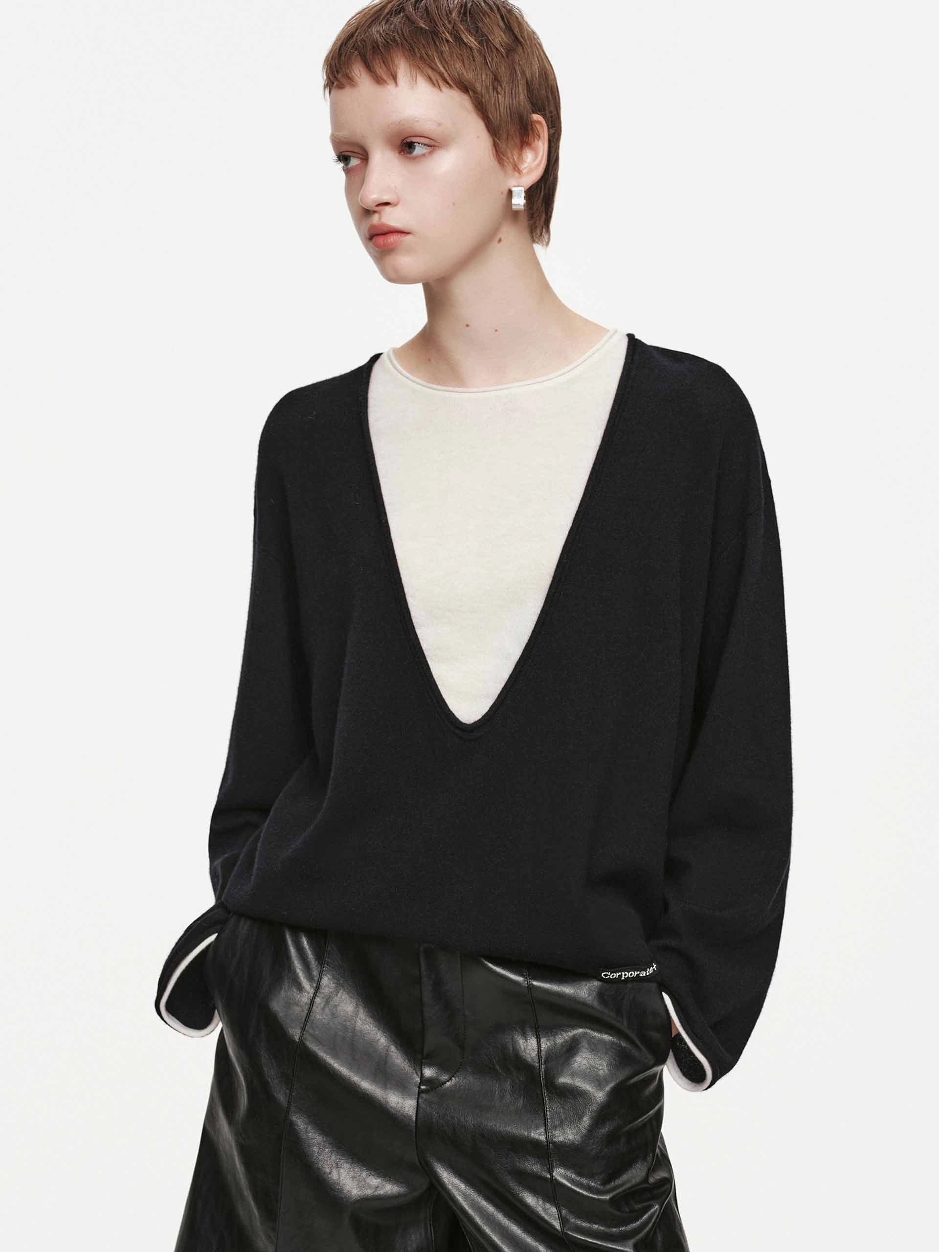 VNeck Style Non Closure Collar Layered Wool Blend Sweater