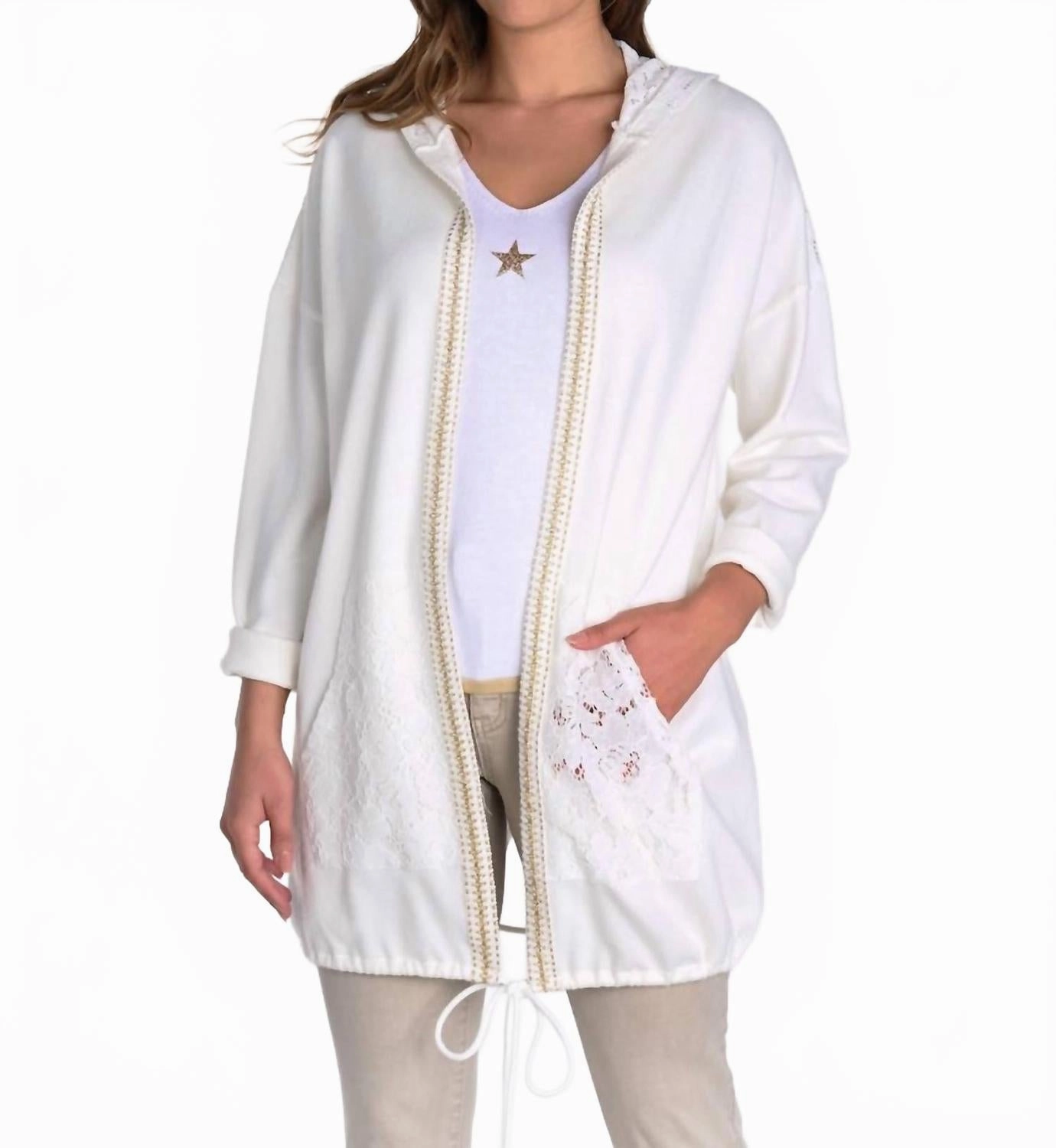 Comfort Choice Lace-Back Hooded Cardigan In White