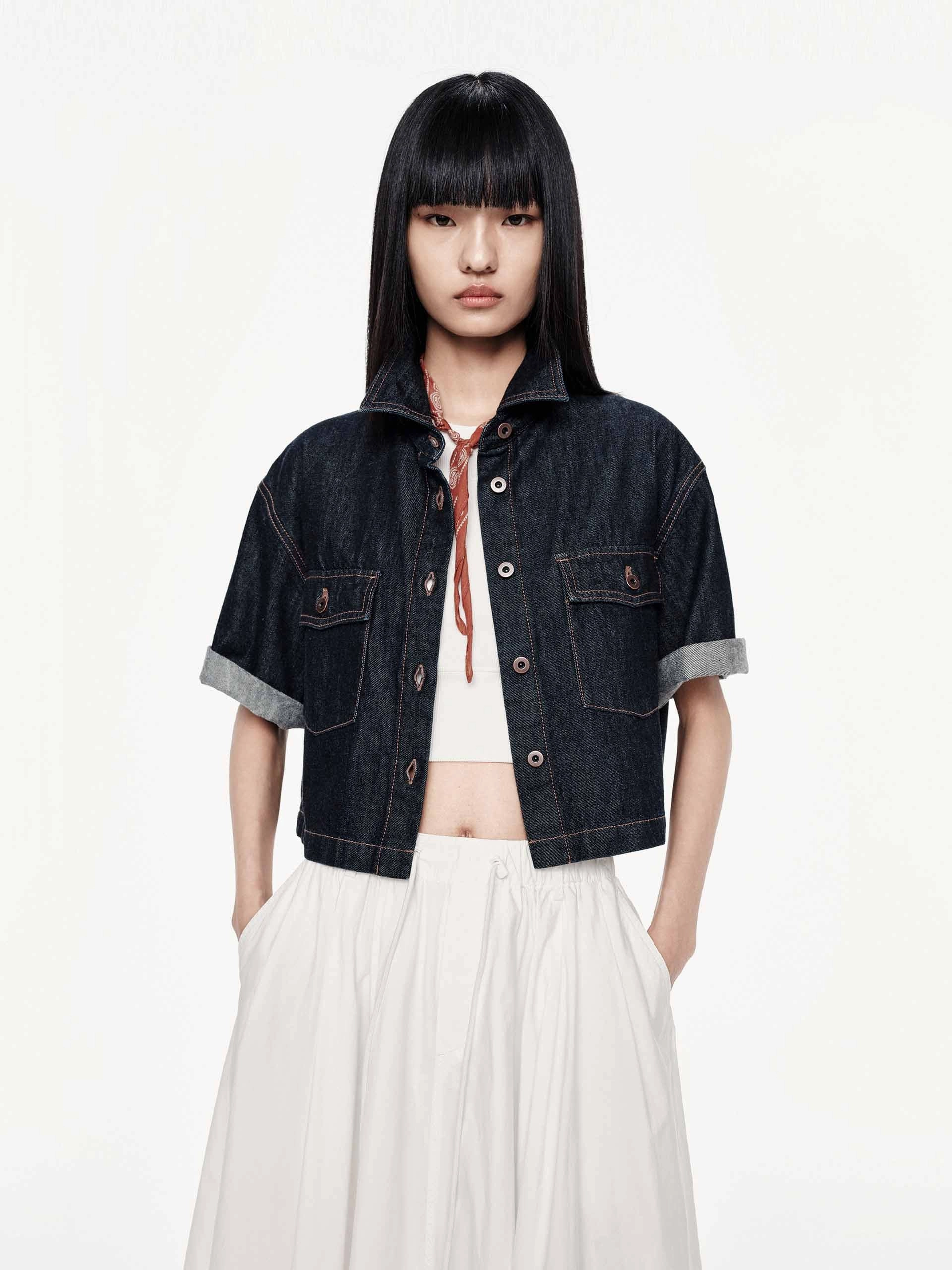 Simple Pullover Convertible Neckline Cropped Fit Cotton Jacket