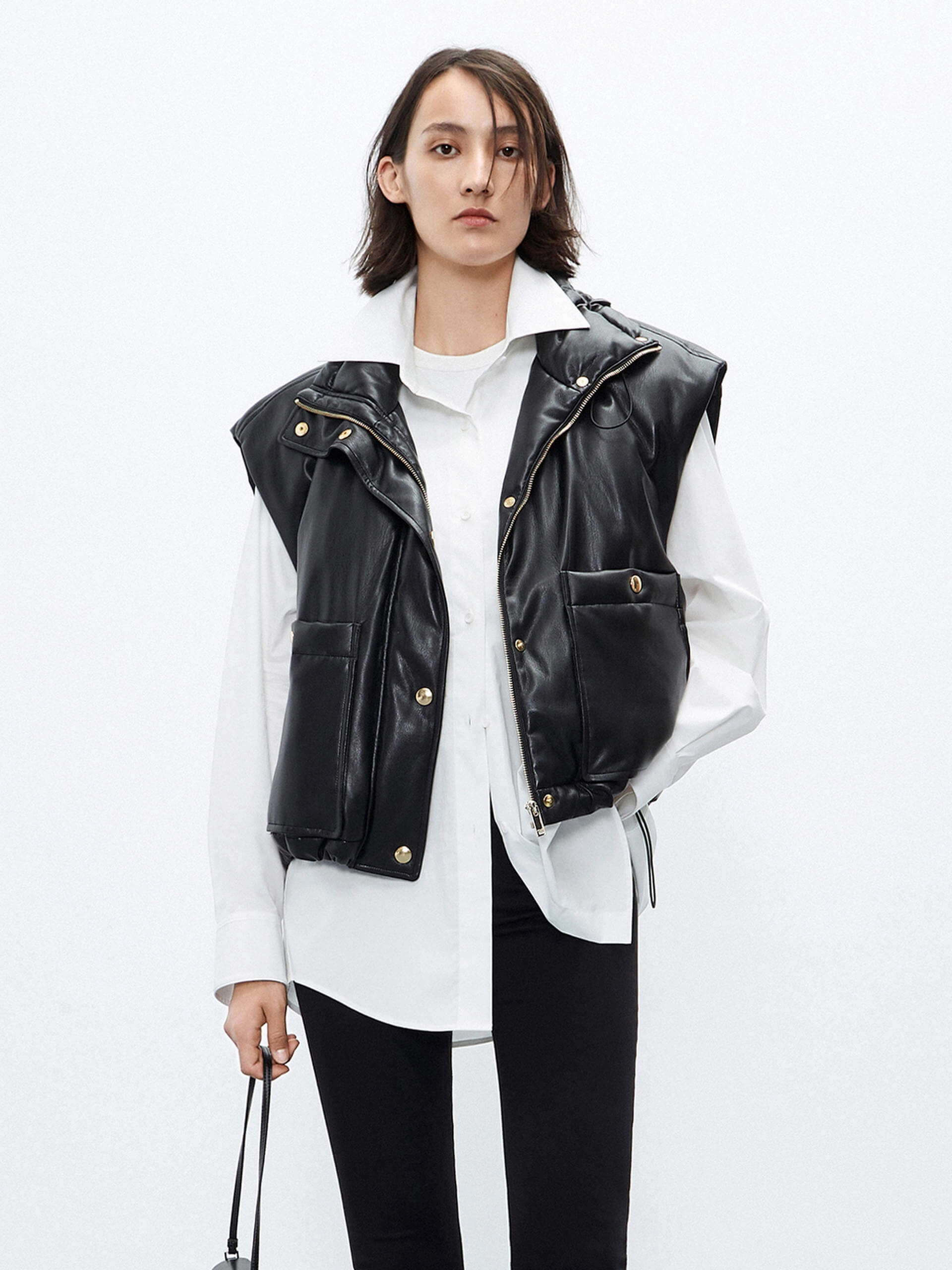 Eco Friendly Dye ErgonomicCut PU Leather Puffer Vest