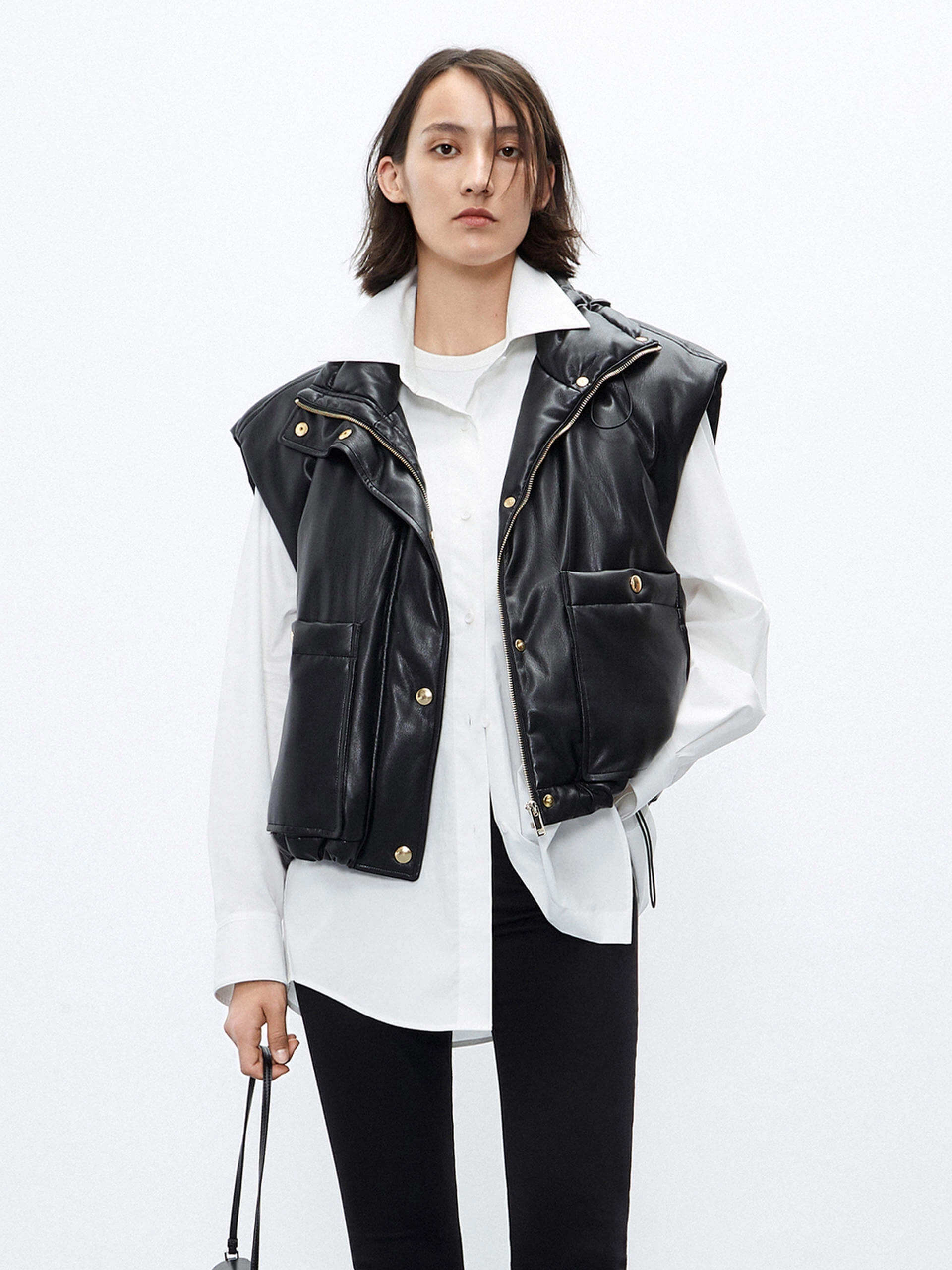 PU Leather Puffer Vest Cold Day Look Stretch Paneling