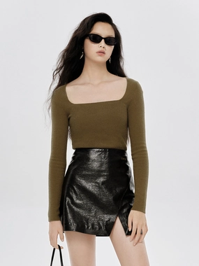 TaglessDesign Fleece Pullover Square Neck Slim Fit Knit Top