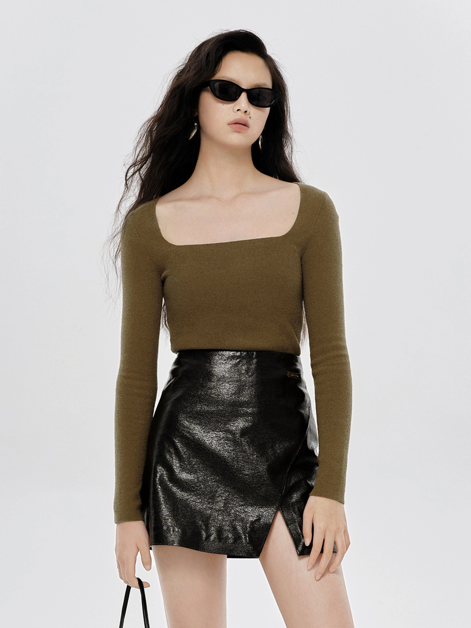 WaterRepellent Finish Square Neck Slim Fit Knit Top