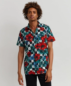 SlipResistant AdaptiveFitFabric Floral Check Short Sleeve Shirt