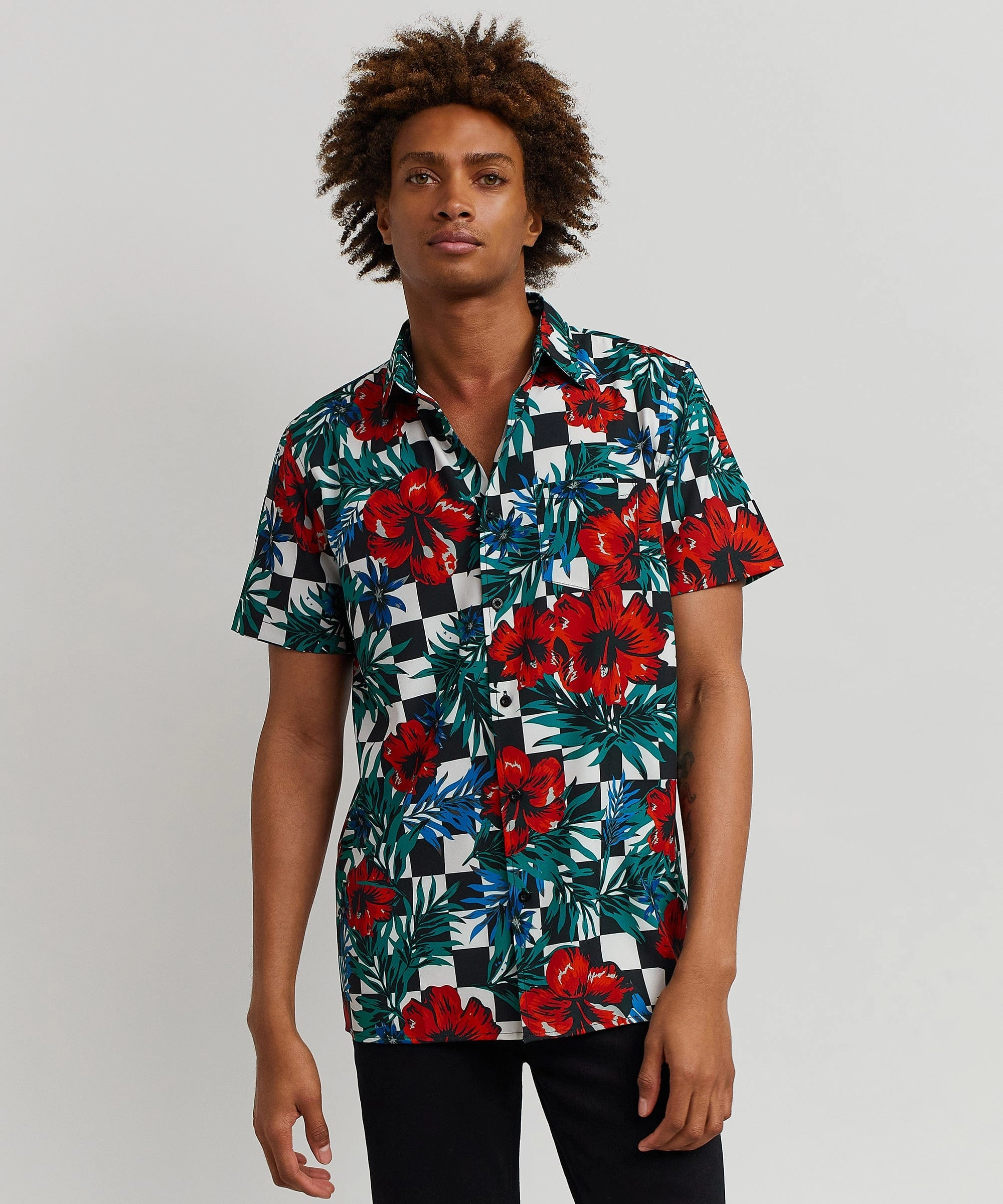 Floral Check Short Sleeve Shirt Two Tone Texture Effect
