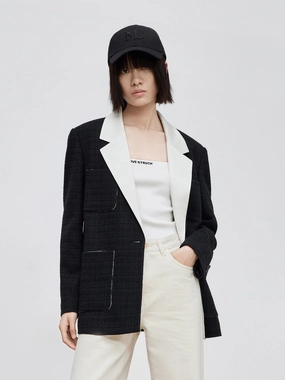 Relaxed Crew Neck Opening UltravioletProtectionFabric Contrast Lapel Collar Coat