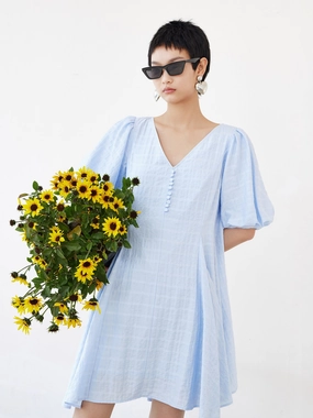 Puff Sleeved V-Neck A-Lined Dress Vintage Vibe
