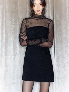 Flap-Detail Mesh Sleeves Mini Dress