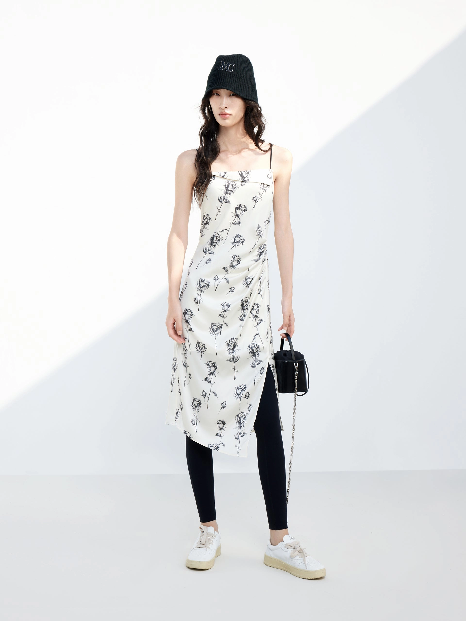 Ready Anytime Rose Pattern Slit Cami Dress