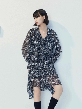 Fitted Design Frill Detail Printed Dress