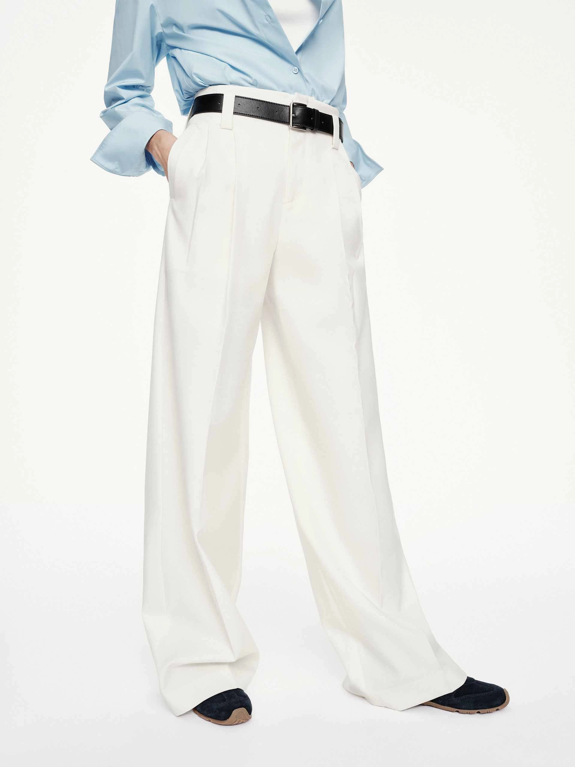 Pleated White Straight Trousers Casual Layering Core Basic