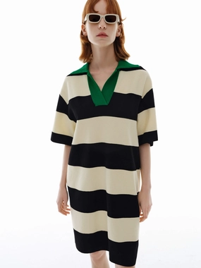 Delicate Touch Contrast Collar Striped Dress