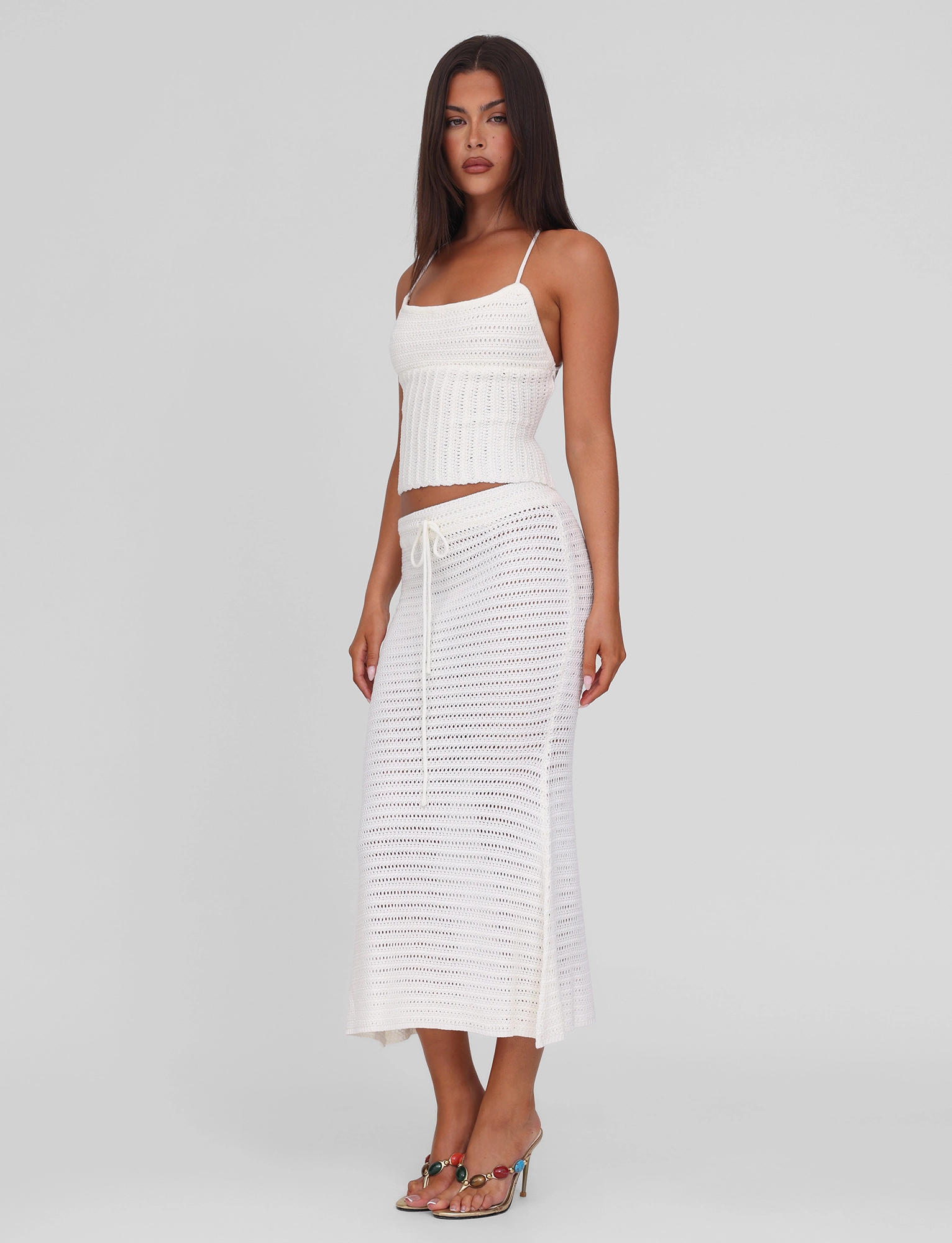 Laser Cut Edges Tonal Layering EMELYN MIDI SKIRT - CREAM
